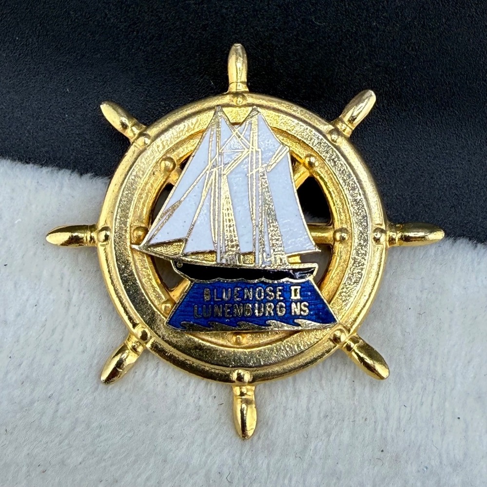 Vintage Nautical Brooch Gold Tone Enamel Bluenose II Lunenburg MS